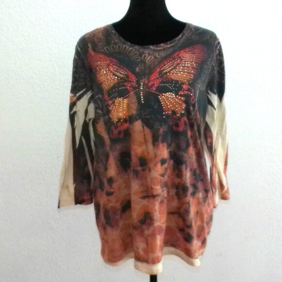 Orange/black/yellow butterfly blouse, with tiny studs design - Picture 2 of 8